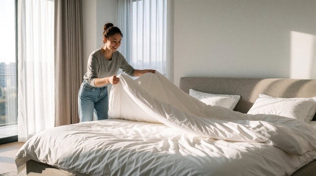 Young woman making bed with white duvet in bright bedroom with window light. Girl tidies sheets and pillows for morning routine. Fresh start to day in comfy apartment.