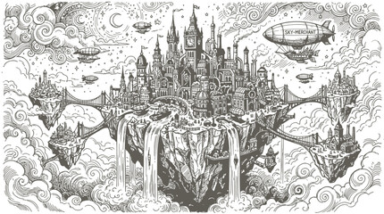 Steampunk Floating Cityscape, Fantasy Castle Islands, Airships and Clouds, Intricate Ink Drawing, Whimsical Dreamscape © danial