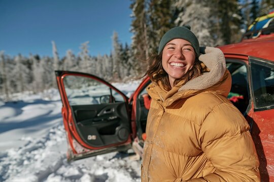 Winter car trip with a smiling woman in a padded parka and beanie, pausing by an open orange car door in a snowy forest for travel campaigns