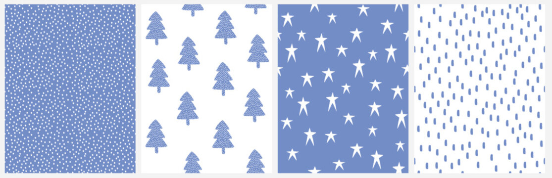 Blue and White Hand Drawn Seamless Vector Patterns With Christmas Trees, Stars, Dots and Spots. Perfect holiday background textures for Scandinavian winter textiles, xmas wrapping paper.