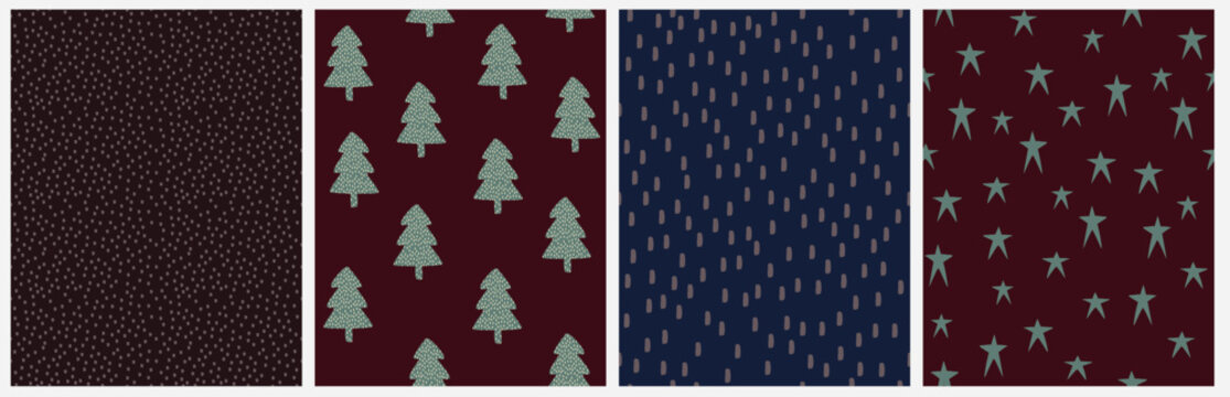 Childish Style Hand Drawn Seamless Vector Patterns With Christmas Trees, Stars, Dots and Spots. Perfect holiday background textures for Scandinavian winter textiles, xmas wrapping paper.