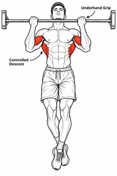 Key execution tips for underhand grip chinup with controlled eccentric descent