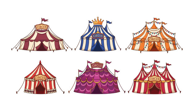 Circus tent vector collection featuring vintage big top striped marquees for amusement parks carnivals and festival events