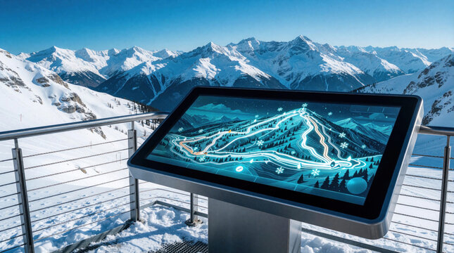 Digital ski map display shows resort slopes against snowy mountains. Modern tech helps navigate winter sports area. Interactive screen offers trail info for skiers and snowboarders.