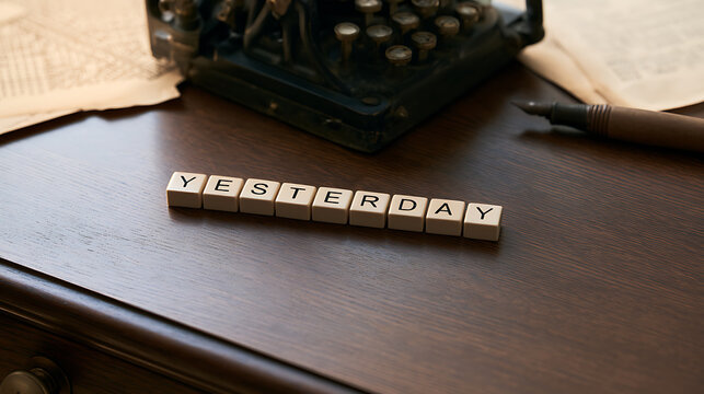 Vintage wooden desk scene featuring scrabble tiles spelling the word yesterday with an antique typewriter and ink pen in background view
