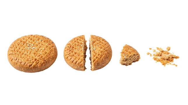Whole biscuit alongside broken pieces and crumbs isolated on white background with snack food baked good snack time white background