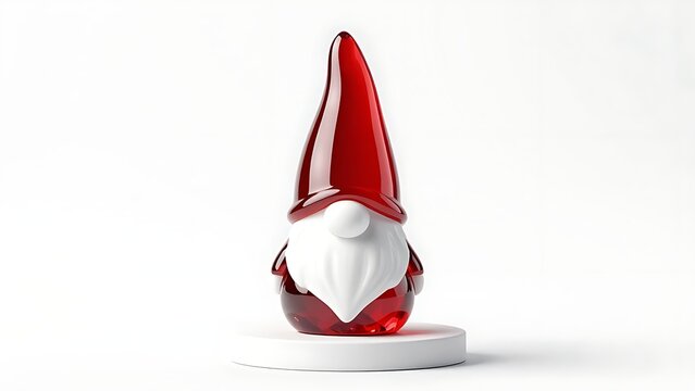 Minimalist 3D Christmas concept with single scandinavian tomte gnome figurine made of translucent ruby red crystal on white podium