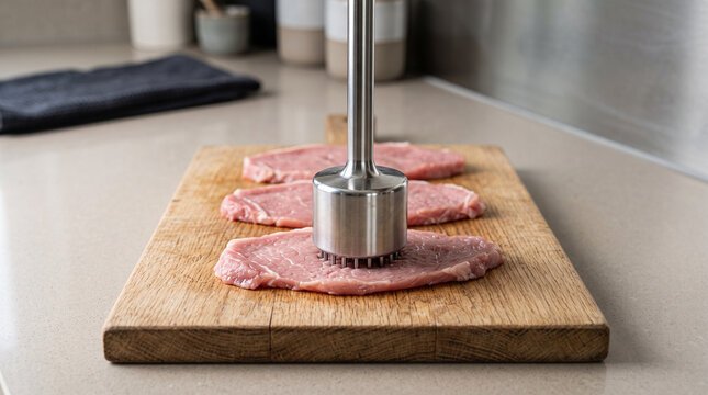 Meat tenderizer pressing raw pork cutlets arranged neatly on a wooden cutting board in a kitchen.