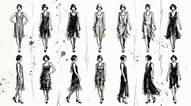 Fashionable women wearing vintage nineteen twenties style flapper dresses in this detailed black ink vector illustration