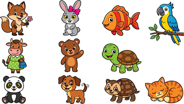 Cute Kawaii Animals Set Featuring Foxes, Rabbits, Fish, Parrots, Cows, Bears, Turtles, Pandas, Dogs, and Sleeping Cats in Cartoon Vector Illustration