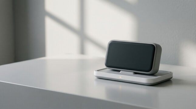 A small wireless power station sits on a surface while receiving energy through induction technology to recharge the battery of a digital device for daily communication tasks in a residential