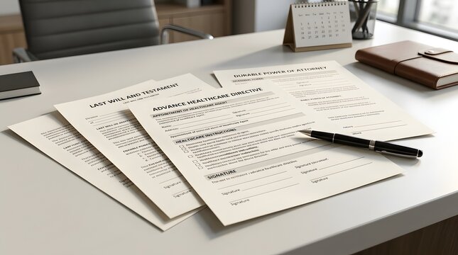 Estate Planning Documents with Healthcare Directive and Pen on Professional Office Desk for Legal and Medical Planning