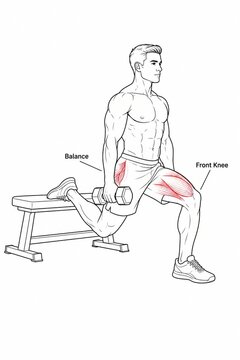 Line art fitness diagram of a single leg squat exercise using dumbbells and a bench
