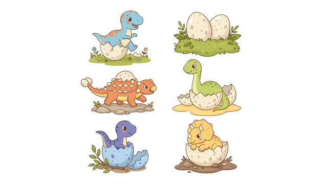 Cute baby dinosaur hatching from eggs vector illustration set featuring funny cartoon t-rex triceratops diplodocus and ankylosaurus characters