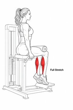 Calf muscle activation shown from behind during seated raise exercise on weighted machine