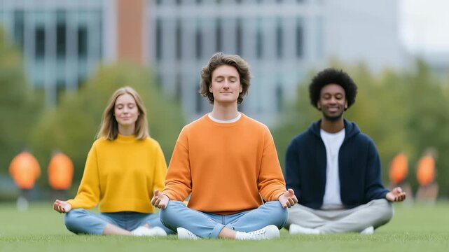 Three multiethnic friends sitting on the green grass in a lotus position, practicing yoga and meditating together to find inner peace and balance, with other students walking in the background