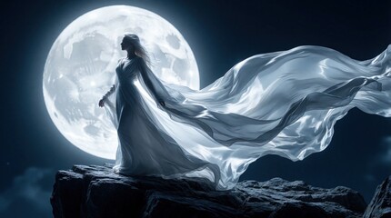 Fototapeta premium Ethereal woman in long white gown stands on dark rocky cliff. Mystical female silhouette poses against huge glowing full moon at night. Fantasy goddess dress flows in wind under celestial sky. Dreamy