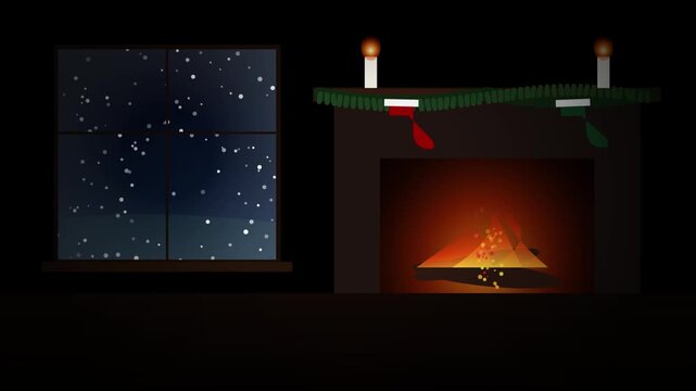 Abstract Cozy Winter Fireplace Window Seamless Motion Loop 4K