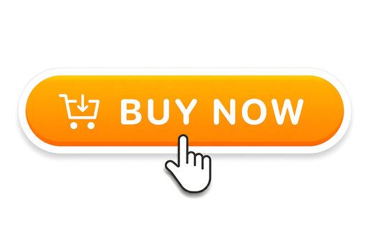 Bright orange buy now button with hand pointing click cursor