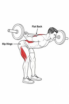 Man performing bent over barbell row with back and hamstring muscles highlighted red
