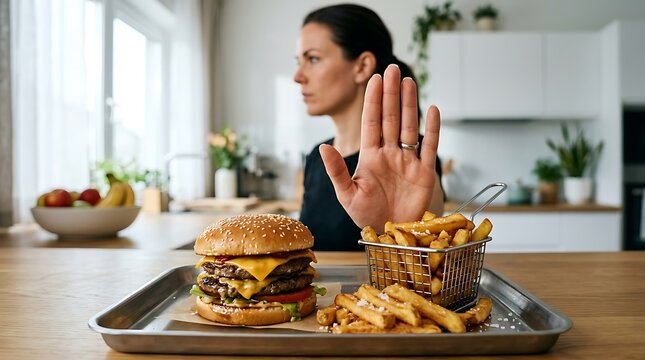 Woman Rejecting Unhealthy Fast Food Meal and Junk Food