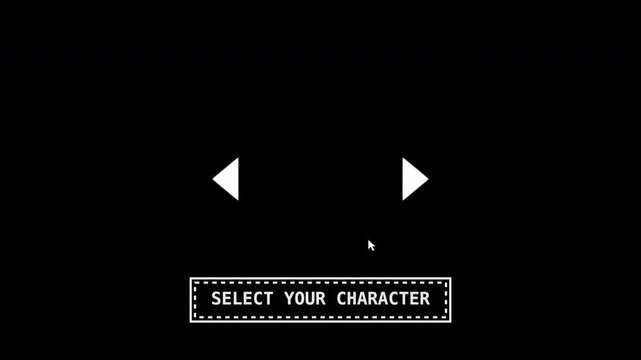 Retro gaming character selection screen, pixel art video game interface, select your character menu with white arrows and cursor isolated on Transparent Background