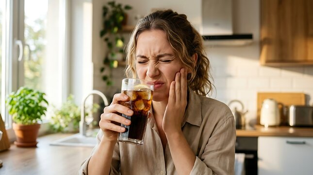 Young Woman Experiencing Tooth Sensitivity While Drinking Cold Soda