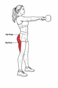 Woman swinging kettlebell at top of movement with glutes and hamstrings highlighted red
