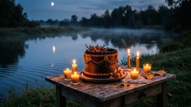 Chocolate cake decorated with small pumpkins and candles on wooden table by misty river at twilight under crescent moon in serene autumn landscape.