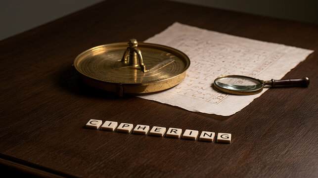Vintage cryptography tools with brass decoder disk, magnifying glass, and letter tiles spelling cipher on dark wooden desk surface table