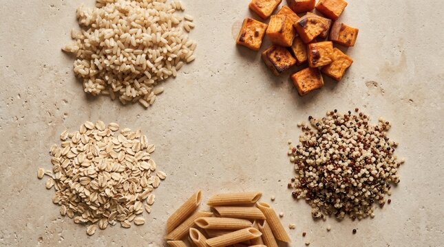 Flat lay composition of five varieties of healthy complex carbohydrates including brown rice oats whole wheat pasta quinoa and roasted sweet potato.