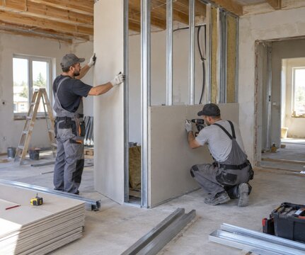 Trabajo de construcci&oacute;n en una obra en curso con dos trabajadores