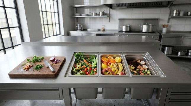 Kitchen preparation area with three metal containers filled with chopped vegetable scraps fruit peelings eggshells and fresh parsley on wooden board top.