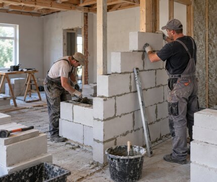 Dos trabajadores construyen una pared de bloques en una casa en construcci&oacute;n en un ambiente interior durante el d&iacute;a