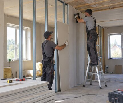 Trabajadores en una construcci&oacute;n instalan paneles de yeso en una habitaci&oacute;n en renovaci&oacute;n
