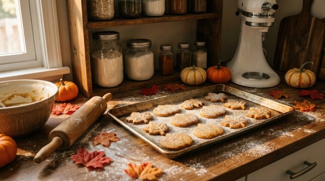 Freshly baked pumpkin pie cookies cooling on a baking sheet in a cozy kitchen