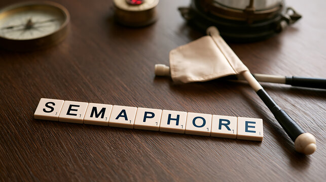 Semaphore word spelled out with letter tiles on a dark wooden surface with vintage navigational instruments and signaling flags near it
