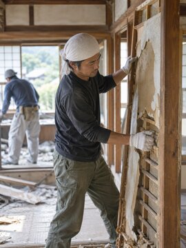 Trabajadores reparan una casa en Jap&oacute;n durante la restauraci&oacute;n de una habitaci&oacute;n