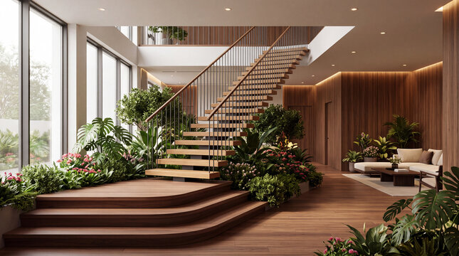 Luxury modern home interior with floating wooden staircase, lush indoor plants, expansive windows, warm wood paneling, elegant open-plan living area, and contemporary furnishings