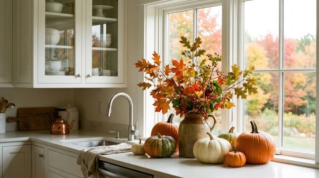 Warm autumn kitchen scene with pumpkins fall flowers and a bright window view