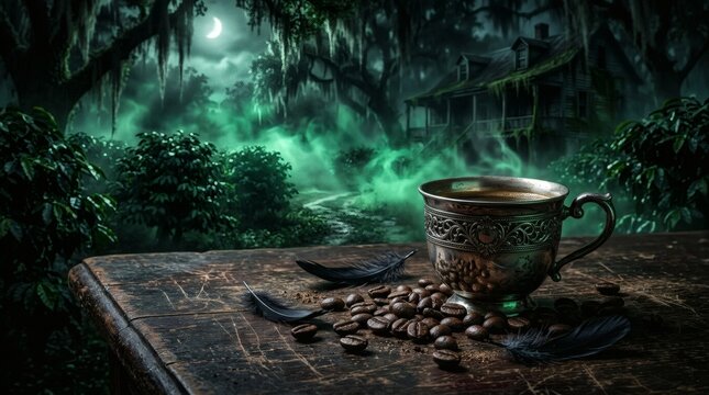 Steaming coffee cup and scattered beans on rustic wooden table, mysterious foggy swamp landscape with old house background.