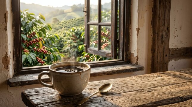Steaming coffee cup on rustic wooden table with view of coffee plantation and ripe berries through open window at sunrise.