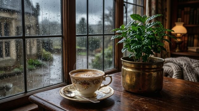 Steaming cup of coffee on saucer next to small green potted plant resting on wooden table by window with raindrops blurring view of traditional manor.