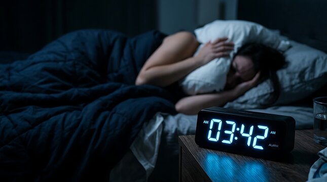 Stressed woman with insomnia covering ears in dark bedroom