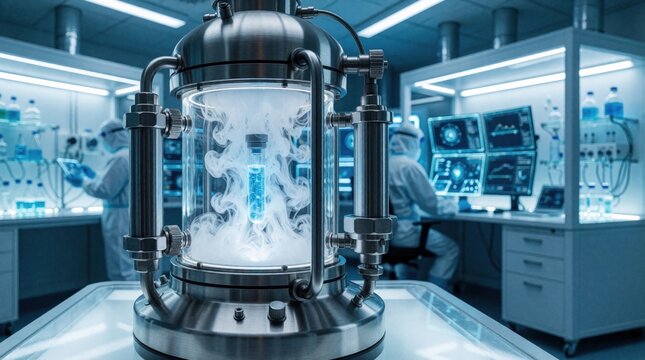 Futuristic cryogenic storage capsule with liquid nitrogen smoke in high tech bio lab. Scientists work with medical research tools in sterile science facility. Metal specimen container holds frozen