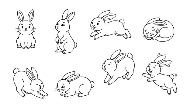 Cute rabbit illustration collection featuring different bunny poses, jumping, sitting, running and playful animal movements
