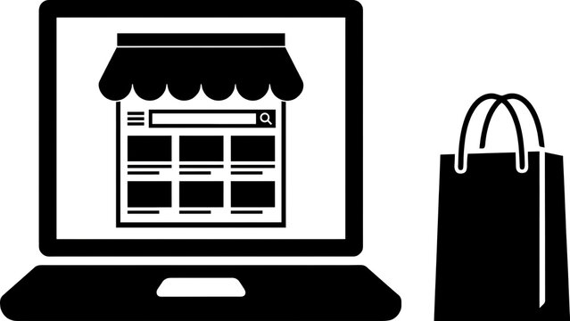 Online shopping illustration featuring laptop computer displaying storefront website with shopping bag icon beside it