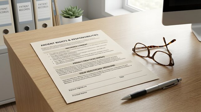 Patient Rights Document with Pen and Reading Glasses for Healthcare Legal Protection and Advocacy