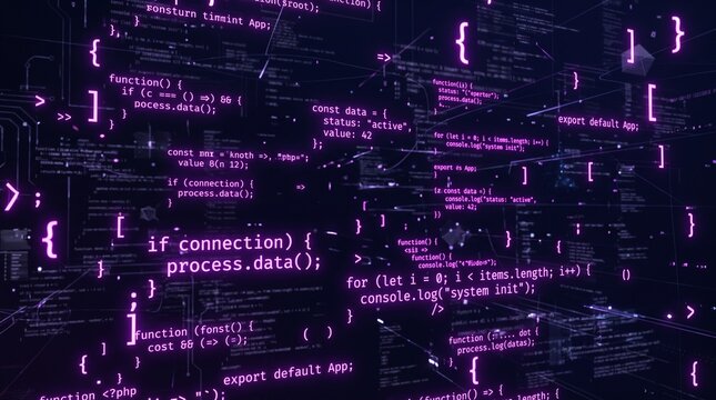 Programming code shines in vibrant magenta neon, displaying cascading software scripts and digital syntax against a dark cyberspace.
