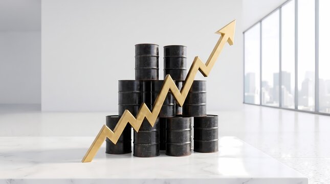 Golden arrow graph rising up behind crude oil barrels on marble table in bright office for oil price increase and commodities trading concept